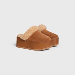 Celine Tan Suede Platform Mules with Shearling
